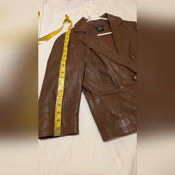 Boston Proper leather jacket blazer Lined Partial sleeve Brown Size 6 Biker Moto - Picture 4 of 8
